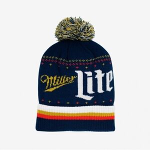 Miller Lite Cuffed Knit Pom Beanie - Navy and Yellow